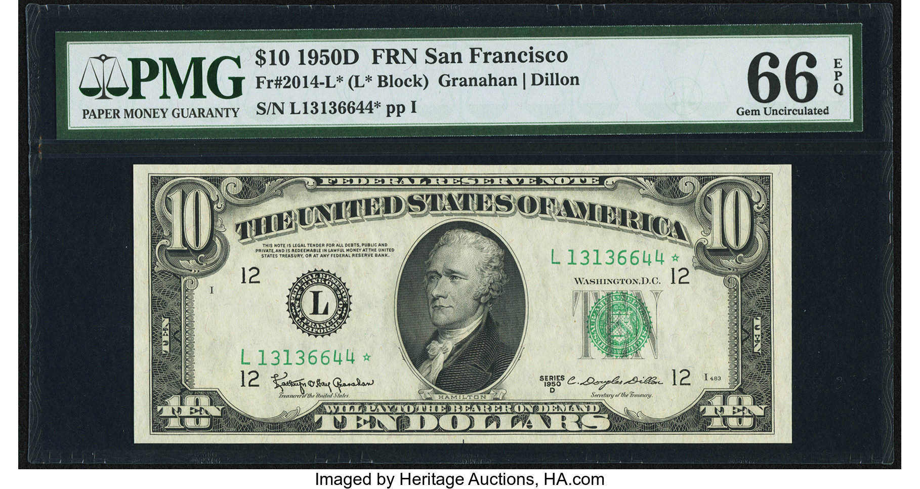 image for: Fr. 2014-L* $10 1950D Federal Reserve Star Note. PMG Gem Uncirculated 66 EPQ....