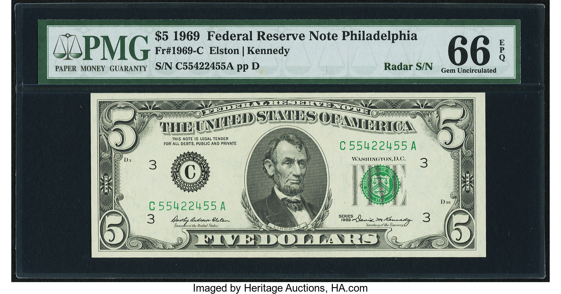 image for: Fr. 1969-C $5 1969 Federal Reserve Note with "Radar" Serial Number 55422455. PMG Gem Uncirculated 66 EPQ....