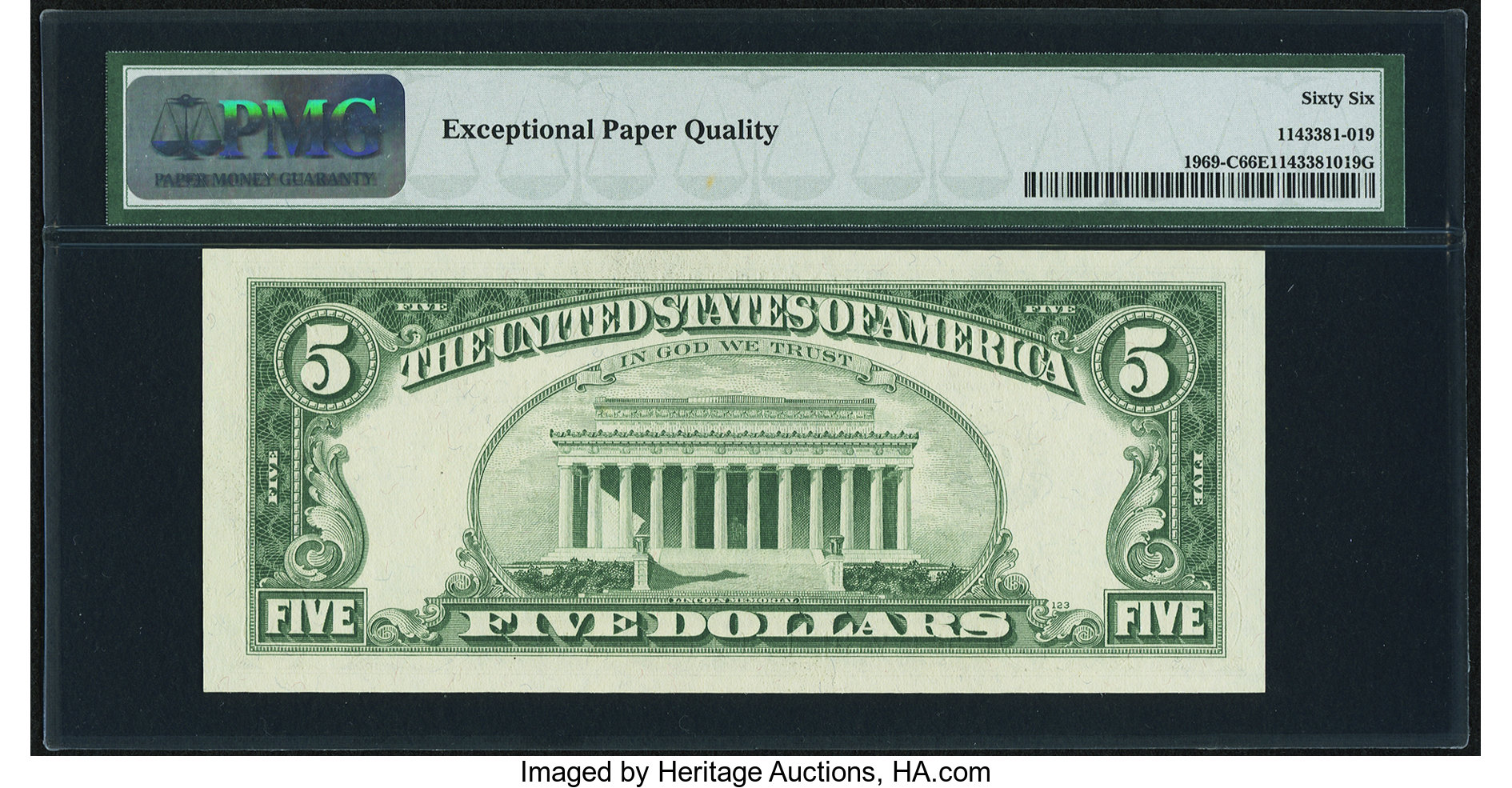 image for: Fr. 1969-C $5 1969 Federal Reserve Note with "Radar" Serial Number 55422455. PMG Gem Uncirculated 66 EPQ....