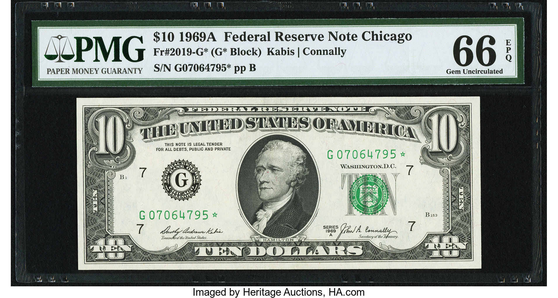 image for: Fr. 2019-G* $10 1969A Federal Reserve Star Note. PMG Gem Uncirculated 66 EPQ....