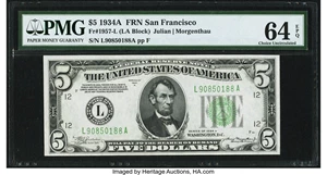 image for: Fr. 1957-L $5 1934A Federal Reserve Note. PMG Choice Uncirculated 64 EPQ....