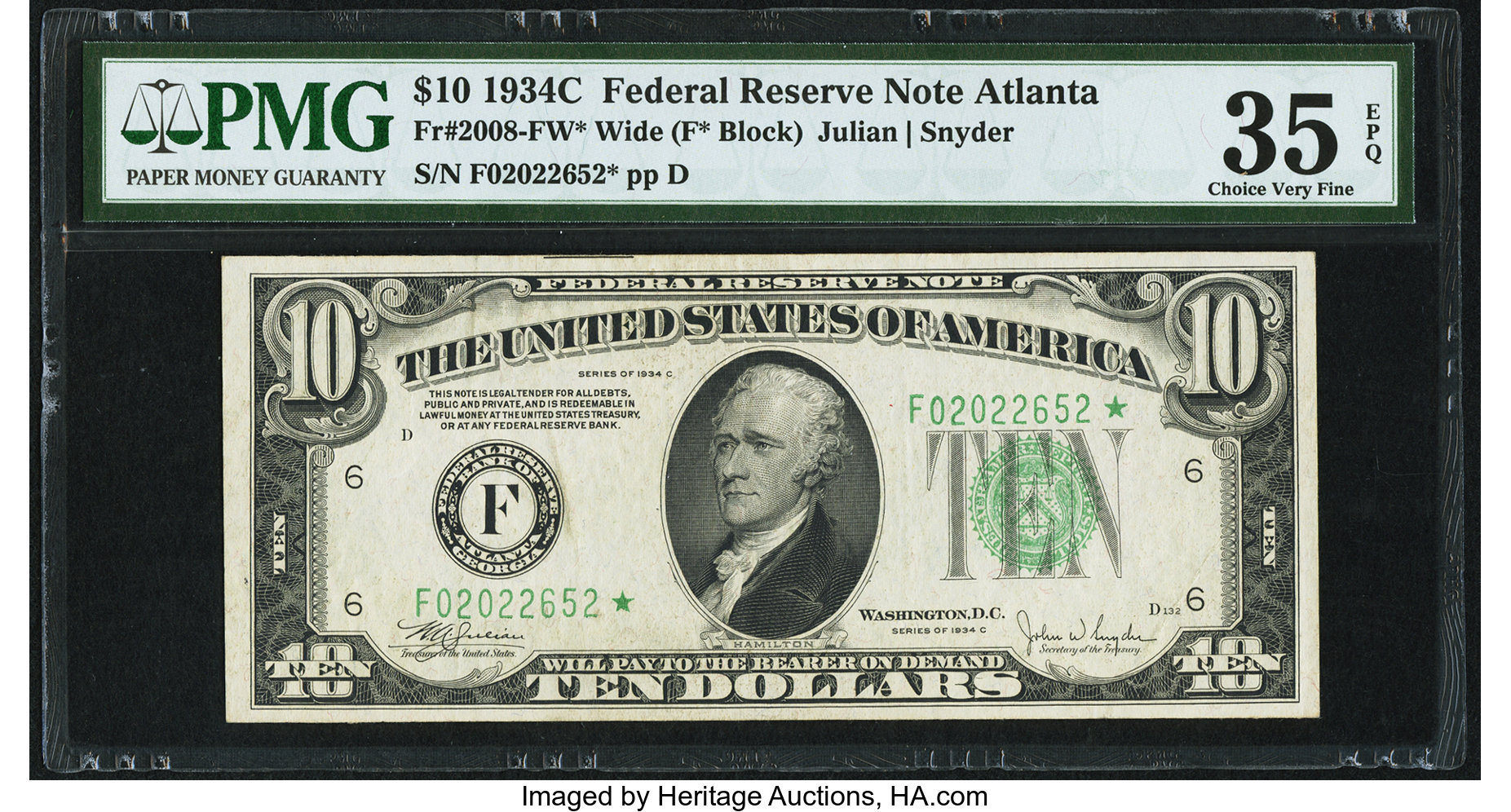 image for: Fr. 2008-F* $10 1934C Wide Federal Reserve Star Note. PMG Choice Very Fine 35 EPQ....