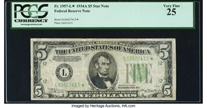 image for: Fr. 1957-L* $5 1934A Federal Reserve Star Note. PCGS Very Fine 25....