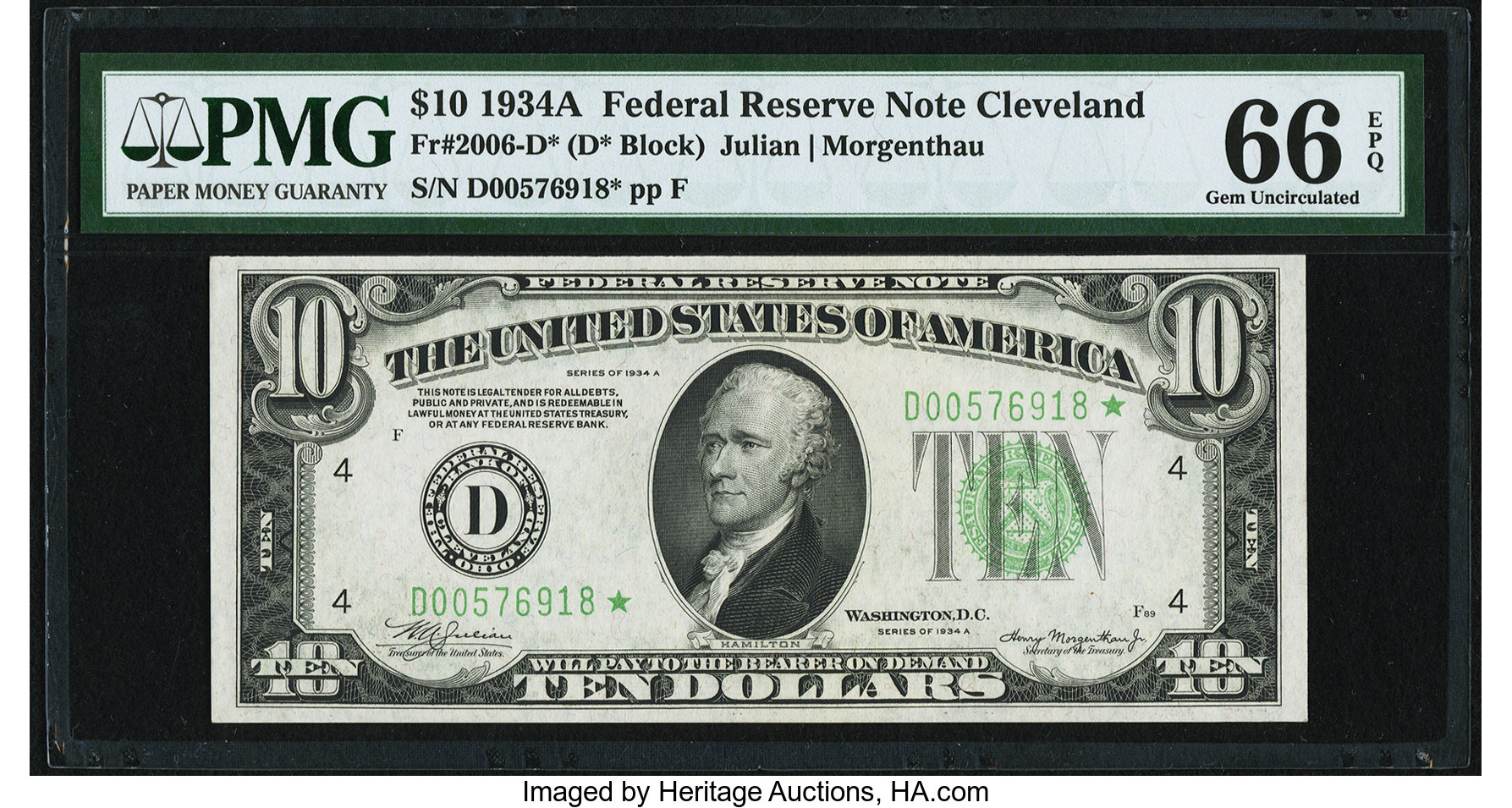 image for: Fr. 2006-D* $10 1934A Federal Reserve Star Note. PMG Gem Uncirculated 66 EPQ....