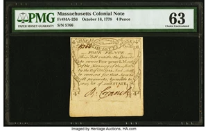 image for: Massachusetts October 16, 1778 4d PMG Choice Uncirculated 63....