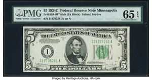 image for: Fr. 1959-I $5 1934C Wide Federal Reserve Note. PMG Gem Uncirculated 65 EPQ....
