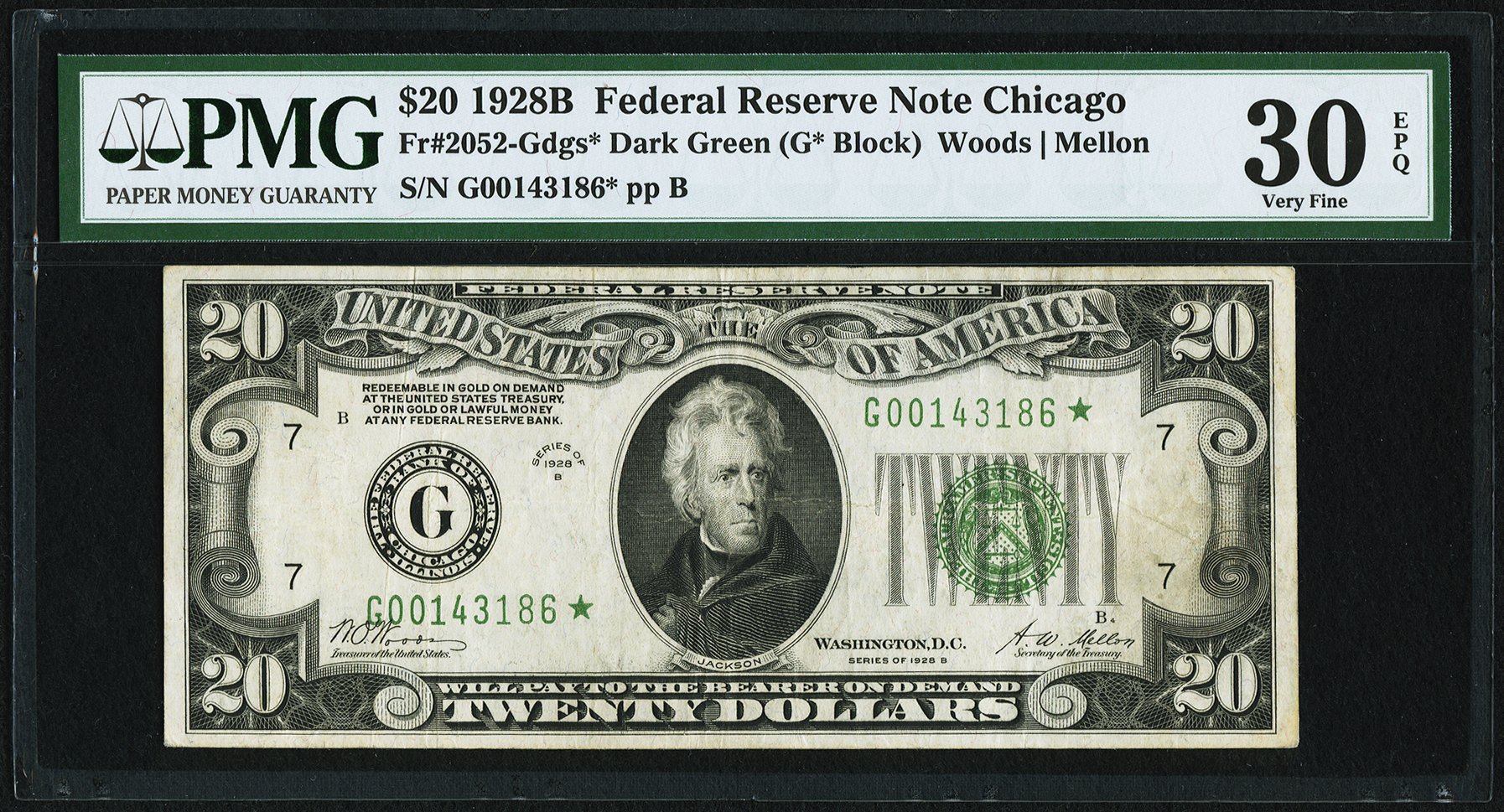 image for: Fr. 2052-G* $20 1928B Dark Green Seal Federal Reserve Star Note. PMG Very Fine 30 EPQ....
