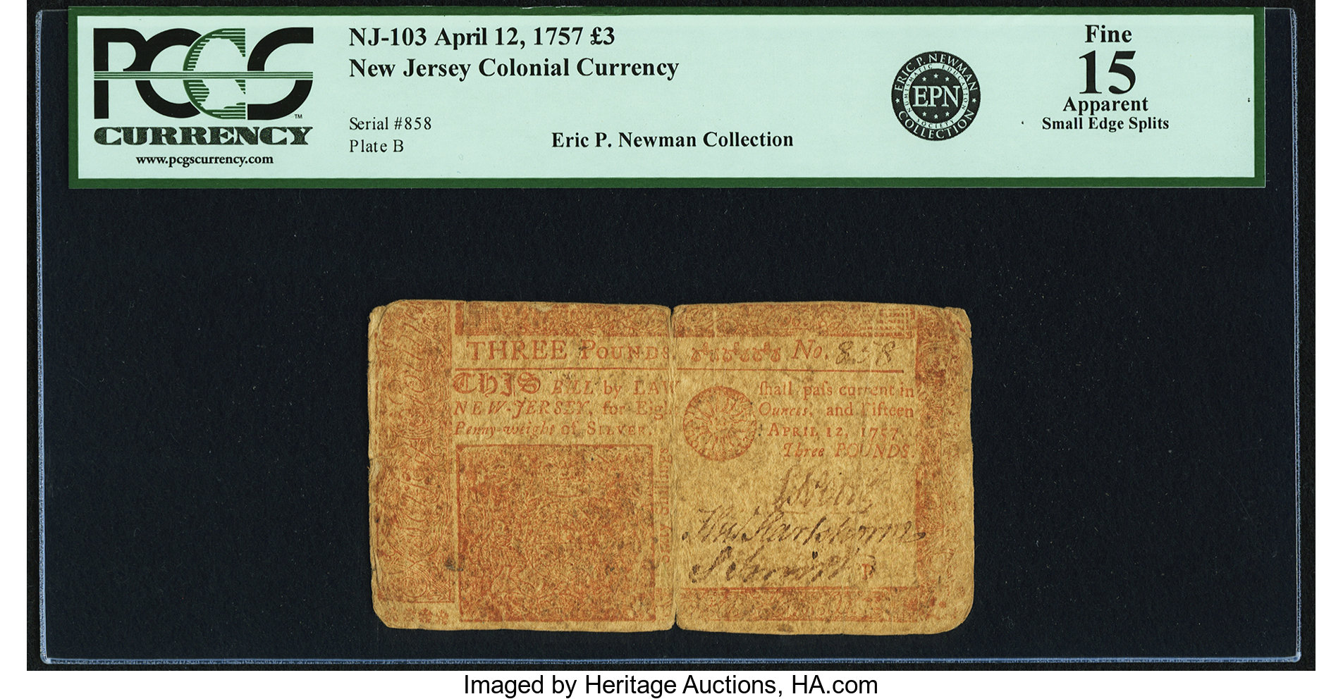 image for: New Jersey April 12, 1757 3 Pounds Fr. NJ-103 PCGS Apparent Fine 15....