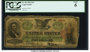 image for: Fr. 93c $10 1862 Legal Tender PCGS Good 6....