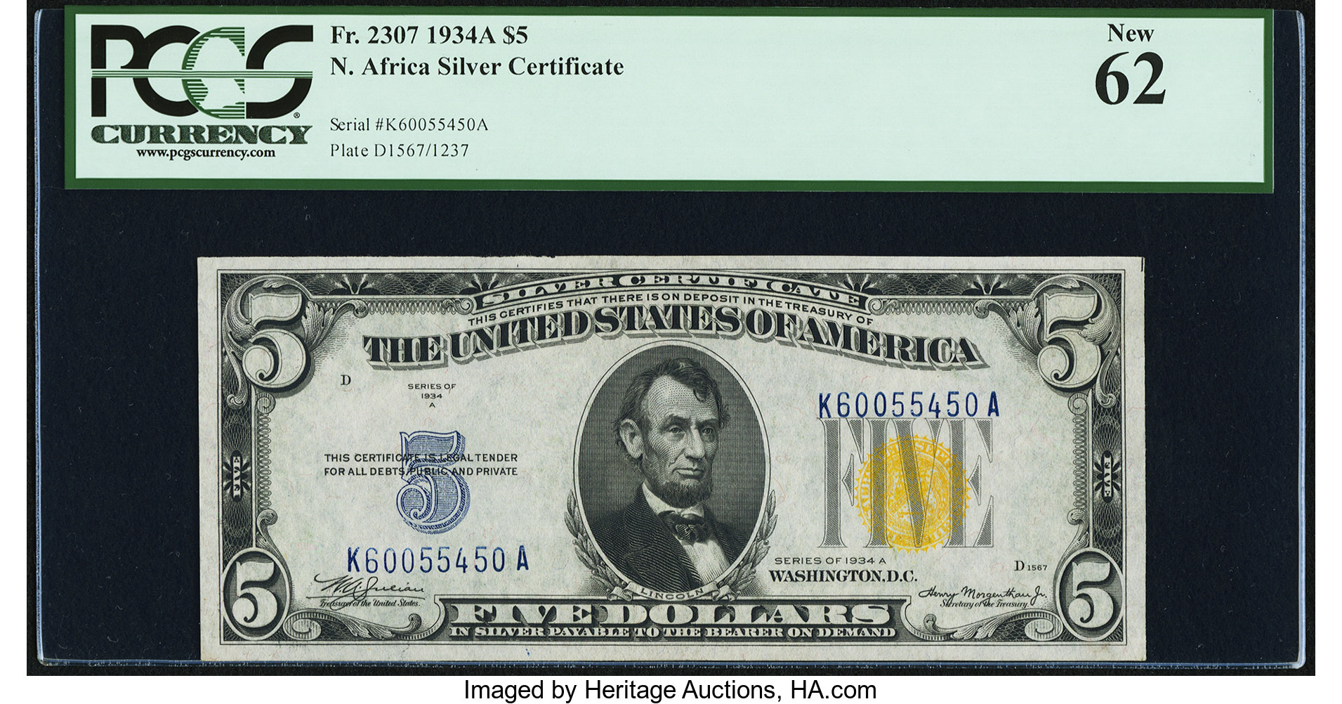 Fr. 2307 $5 1934A North Africa Silver Certificate. PCGS New 62. ...