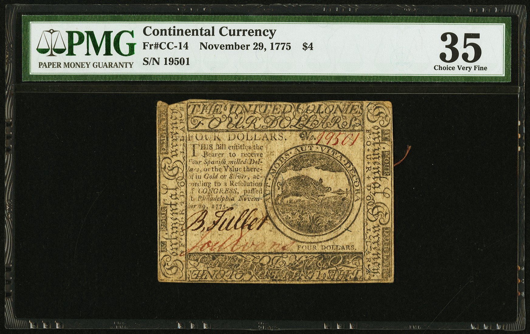image for: Continental Currency November 29, 1775 $4 PMG Choice Very Fine 35....