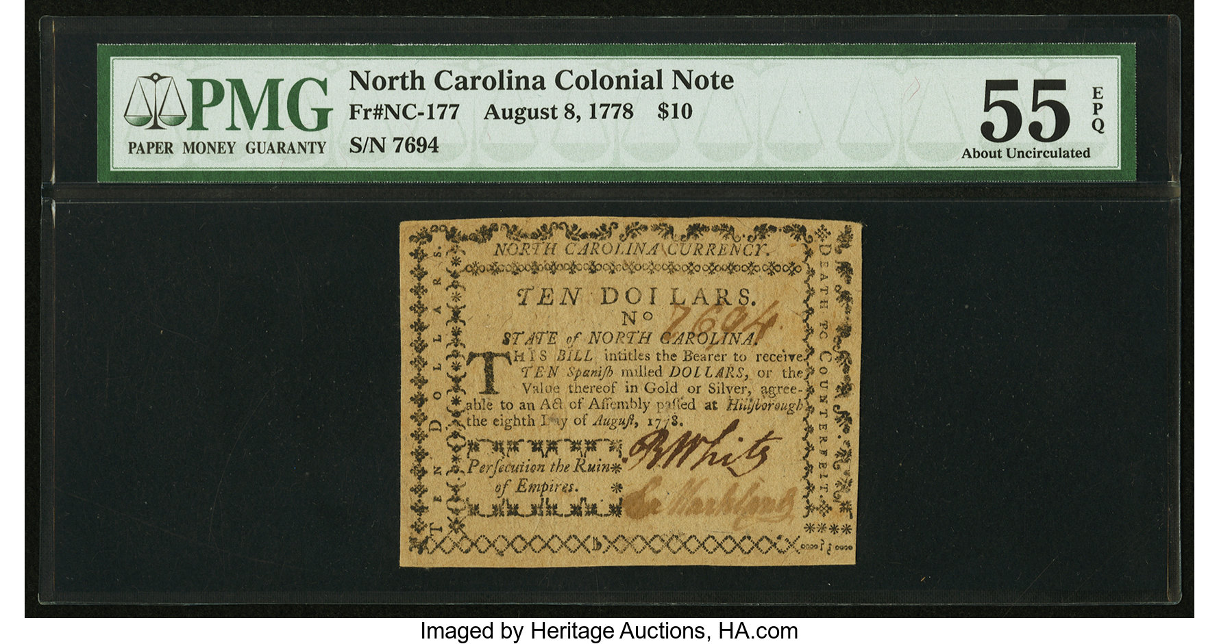 image for: North Carolina August 8, 1778 $10 Persecution PMG About Uncirculated 55 EPQ....