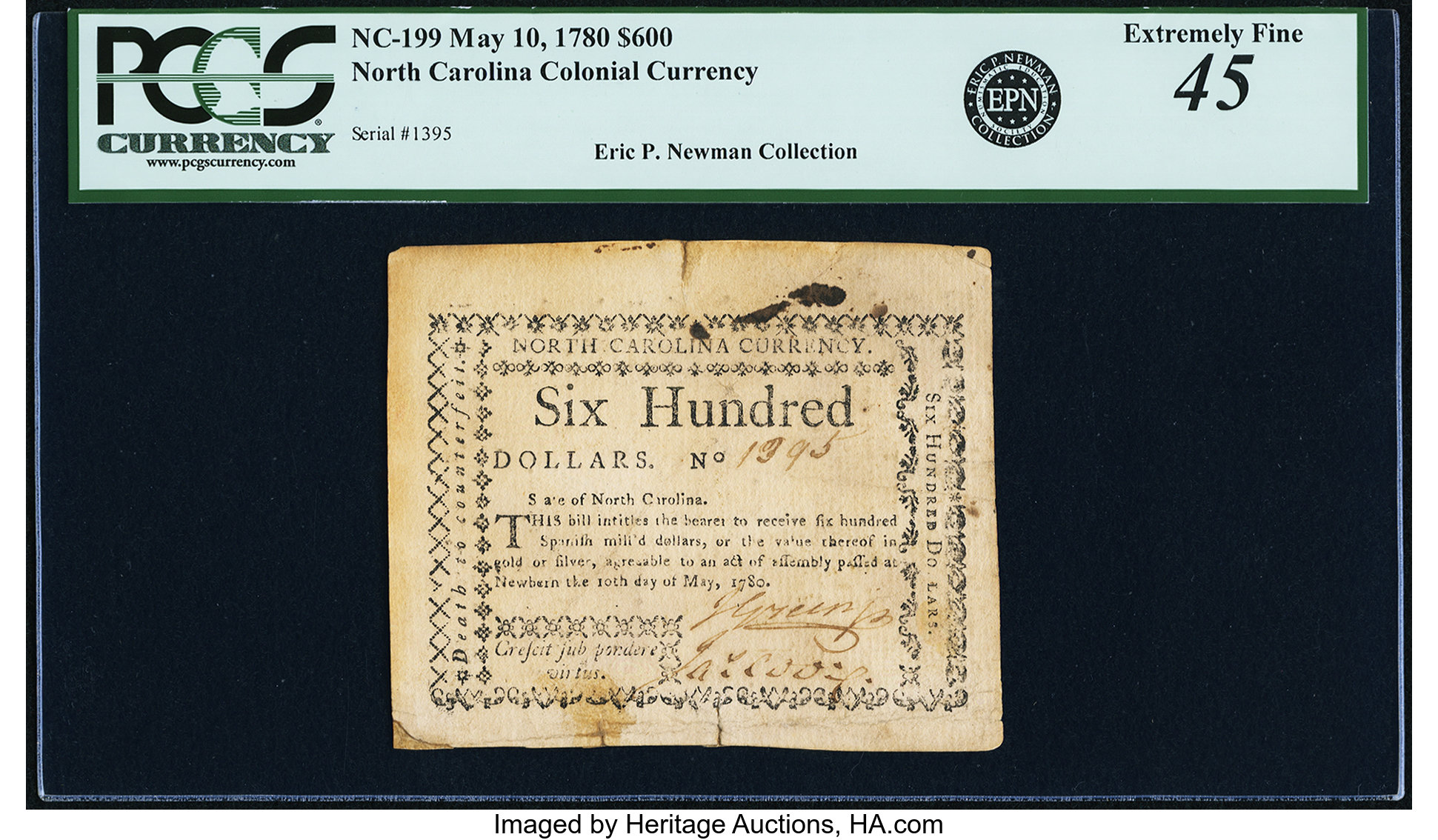 image for: North Carolina May 10, 1780 $600 Crescit Sub Pondere Virtus PCGS Extremely Fine 45....