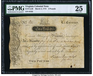 image for: Virginia March 4, 1773 £2 PMG Very Fine 25....