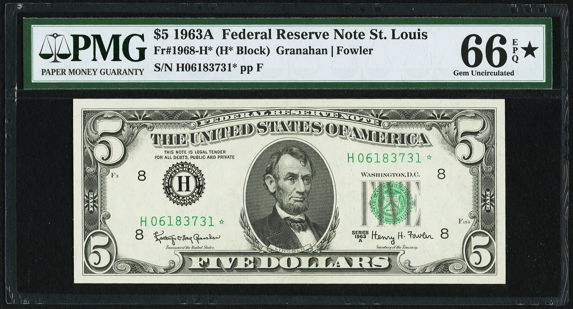 image for: Fr. 1968-H* $5 1963A Federal Reserve Star Note. PMG Gem Uncirculated 66 EPQ*....