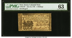 image for: New Jersey June 22, 1756 3s PMG Choice Uncirculated 63....