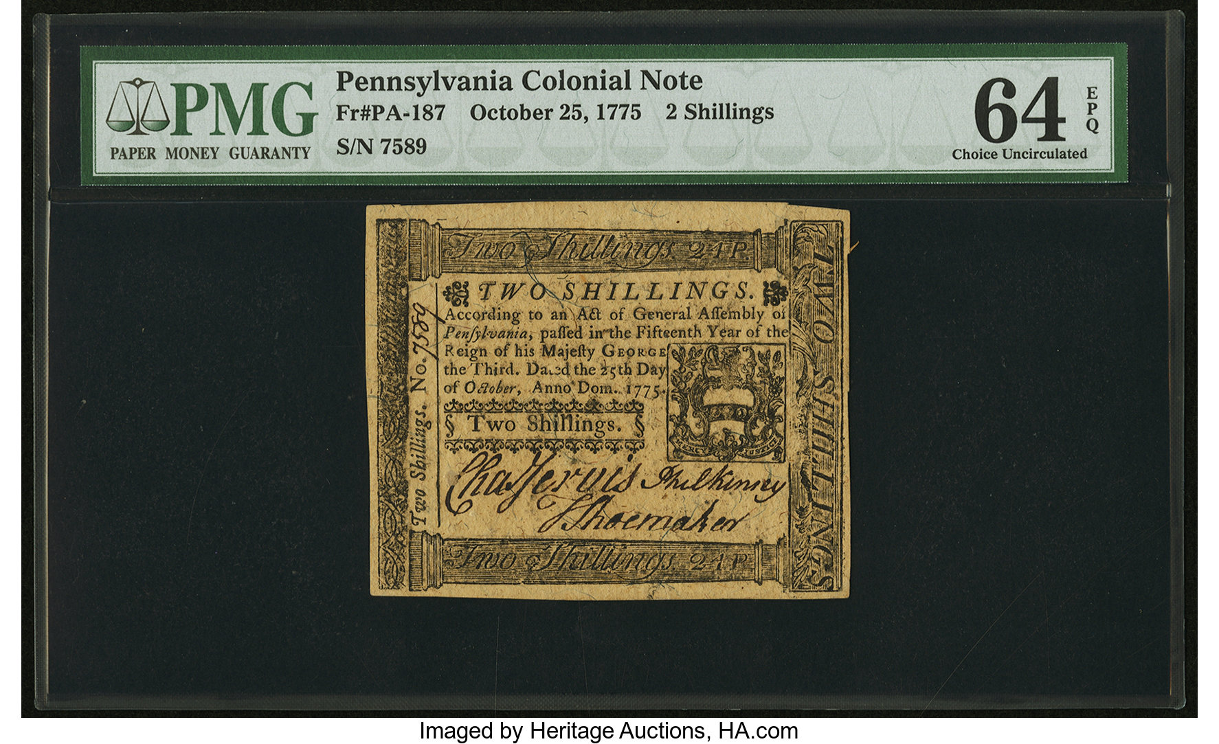 image for: Pennsylvania October 25, 1775 2s PMG Choice Uncirculated 64 EPQ....