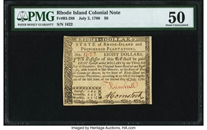 image for: Rhode Island July 2, 1780 $8 PMG About Uncirculated 50....