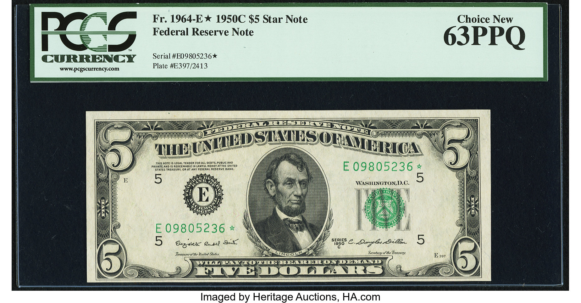 image for: Fr. 1964-E* $5 1950C Federal Reserve Star Note. PCGS Choice New 63PPQ....