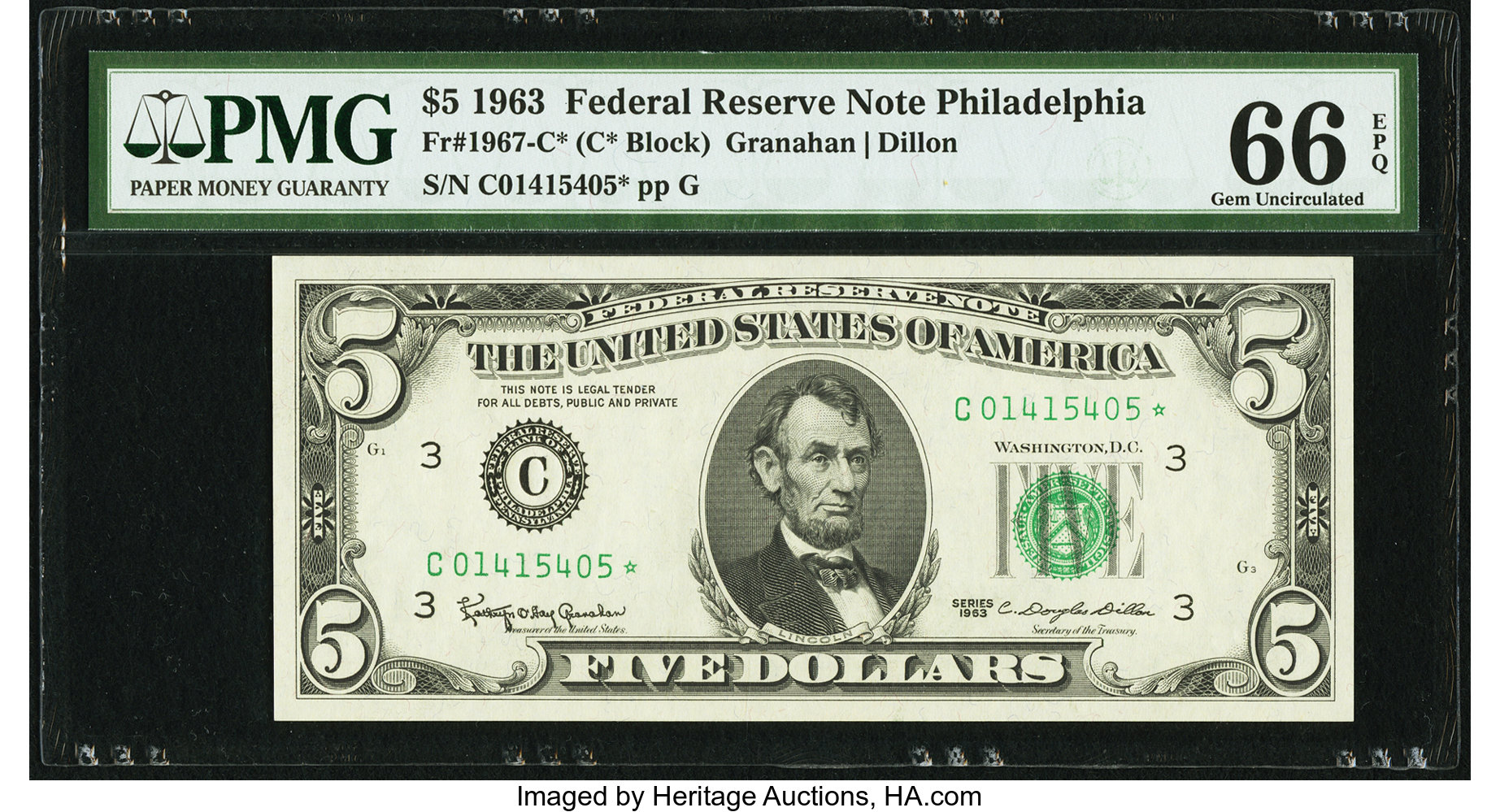 image for: Fr. 1967-C* $5 1963 Federal Reserve Star Note. PMG Gem Uncirculated 66 EPQ....
