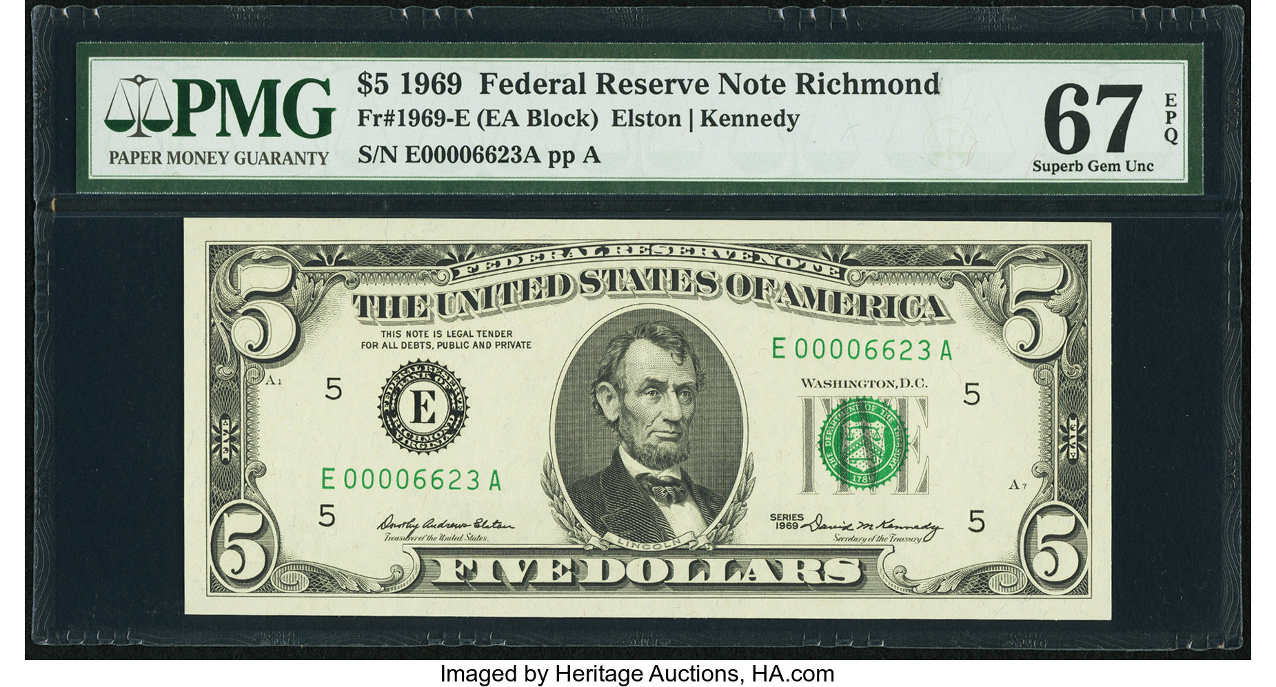 image for: Four Digit Serial 00006623 Fr. 1969-E $5 1969 Federal Reserve Note. PMG Superb Gem Unc 67 EPQ....
