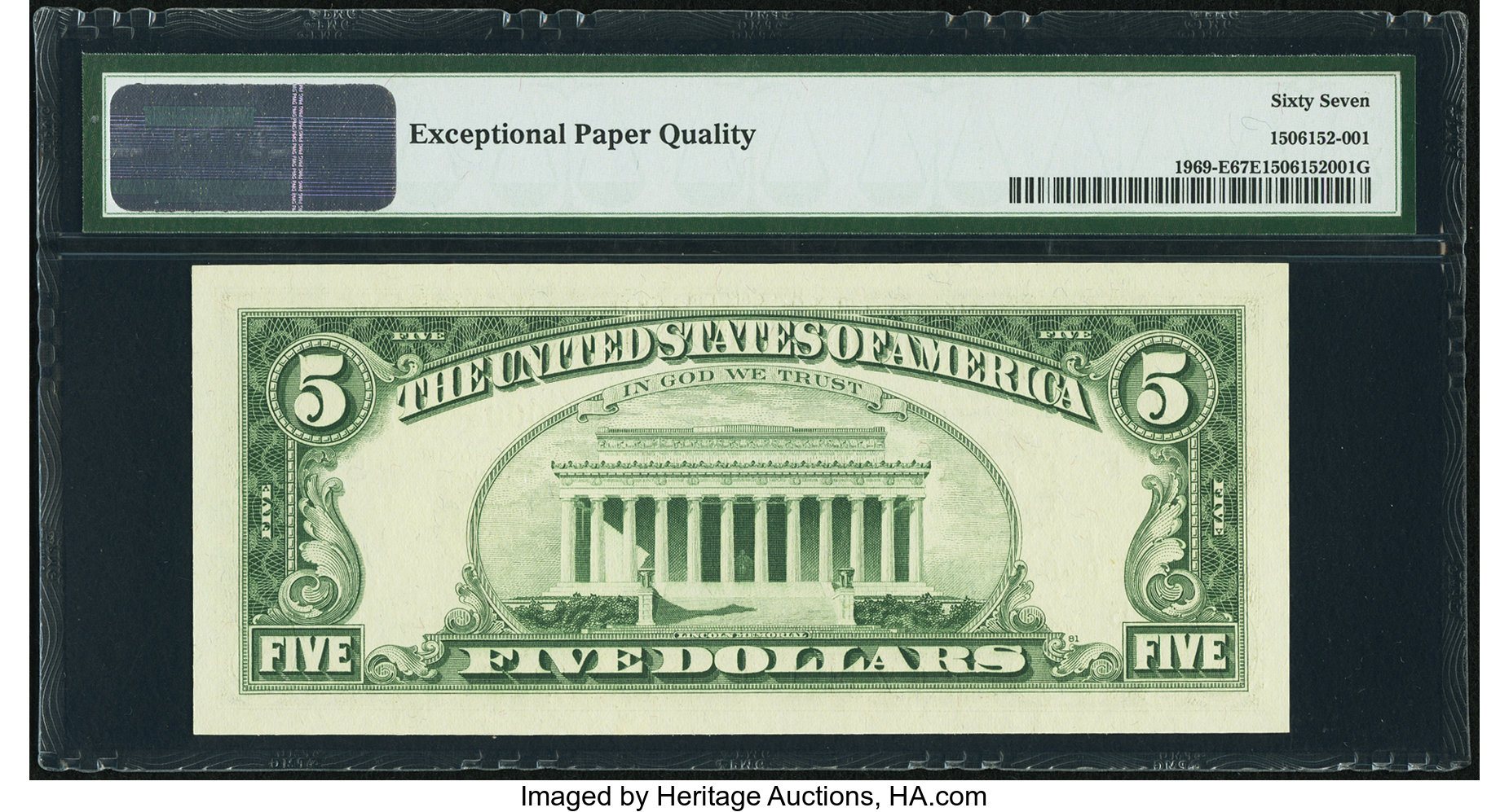 image for: Four Digit Serial 00006623 Fr. 1969-E $5 1969 Federal Reserve Note. PMG Superb Gem Unc 67 EPQ....