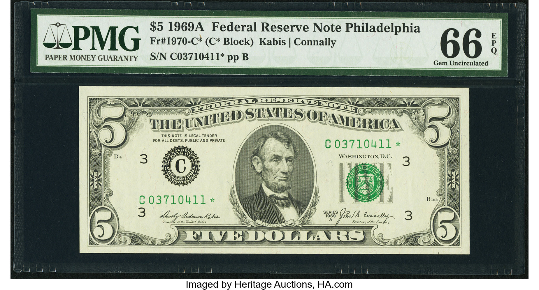 image for: Fr. 1970-C* $5 1969A Federal Reserve Star Note. PMG Gem Uncirculated 66 EPQ....