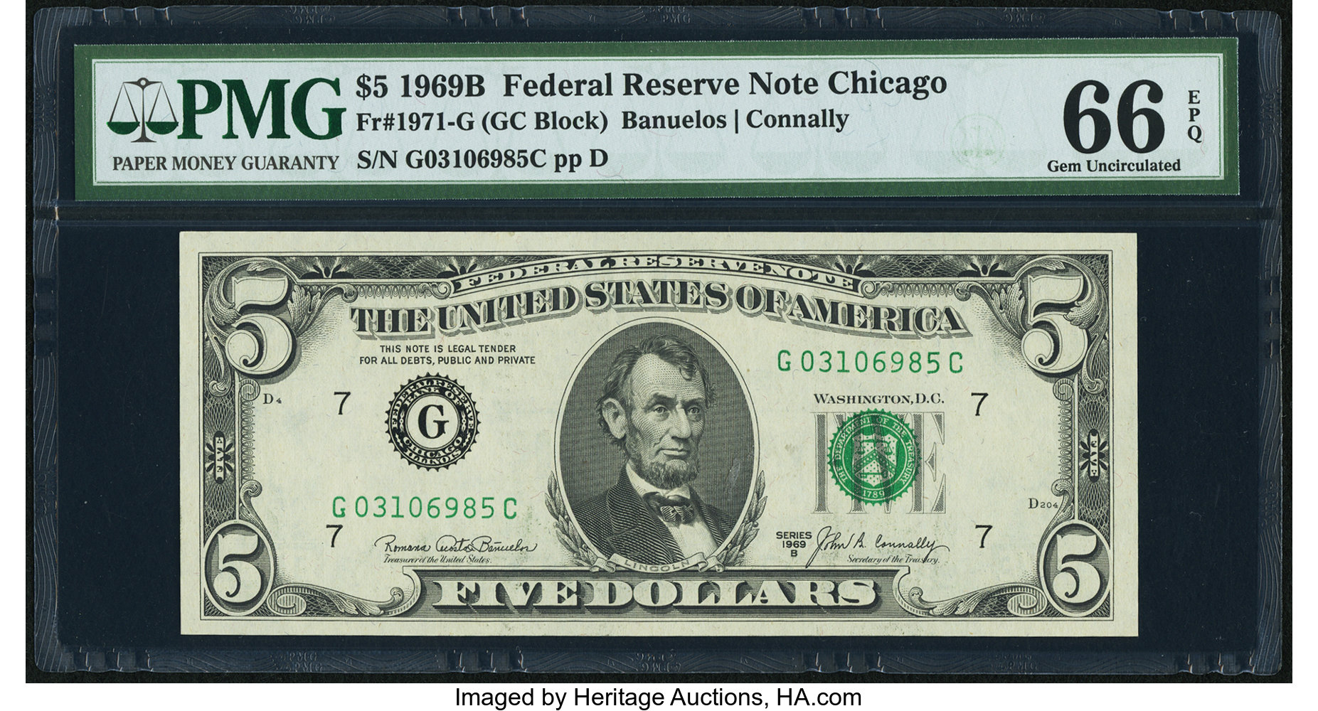 image for: Fr. 1971-G $5 1969B Federal Reserve Note. PMG Gem Uncirculated 66 EPQ....
