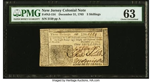 image for: New Jersey December 31, 1763 3s PMG Choice Uncirculated 63....