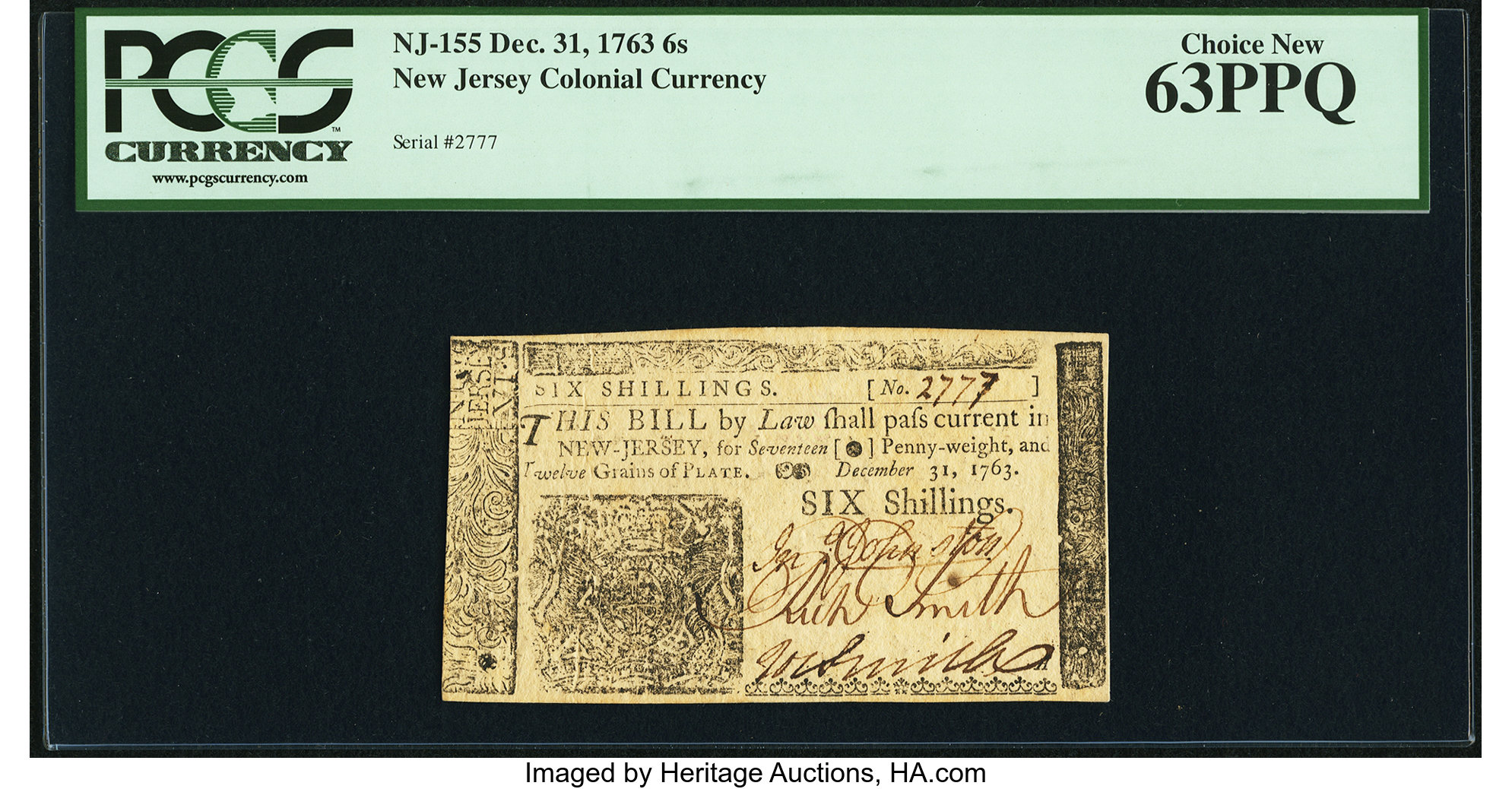 image for: New Jersey December 31, 1763 6s PCGS Choice New 63PPQ....