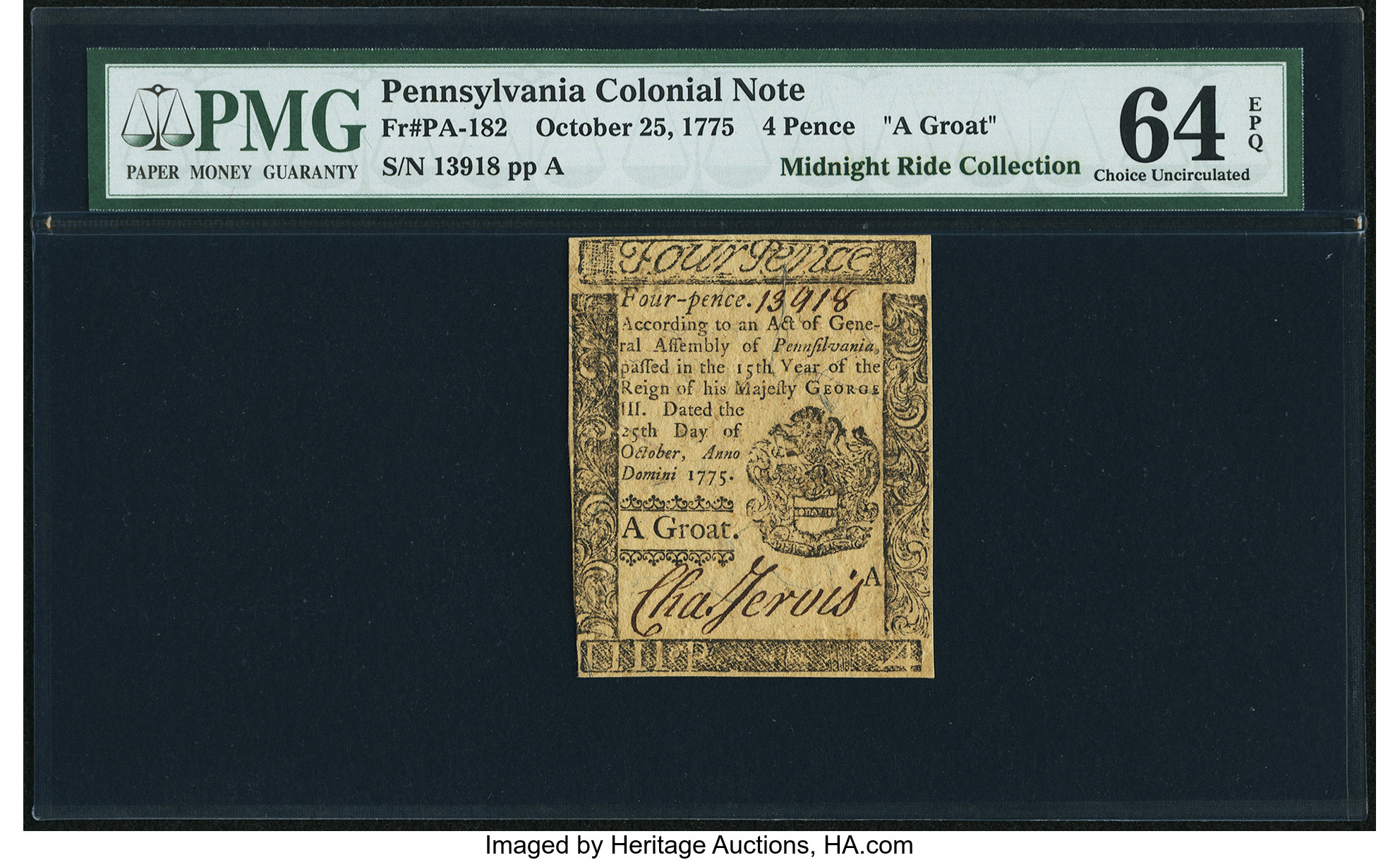 image for: Pennsylvania October 25, 1775 4d PMG Choice Uncirculated 64 EPQ....