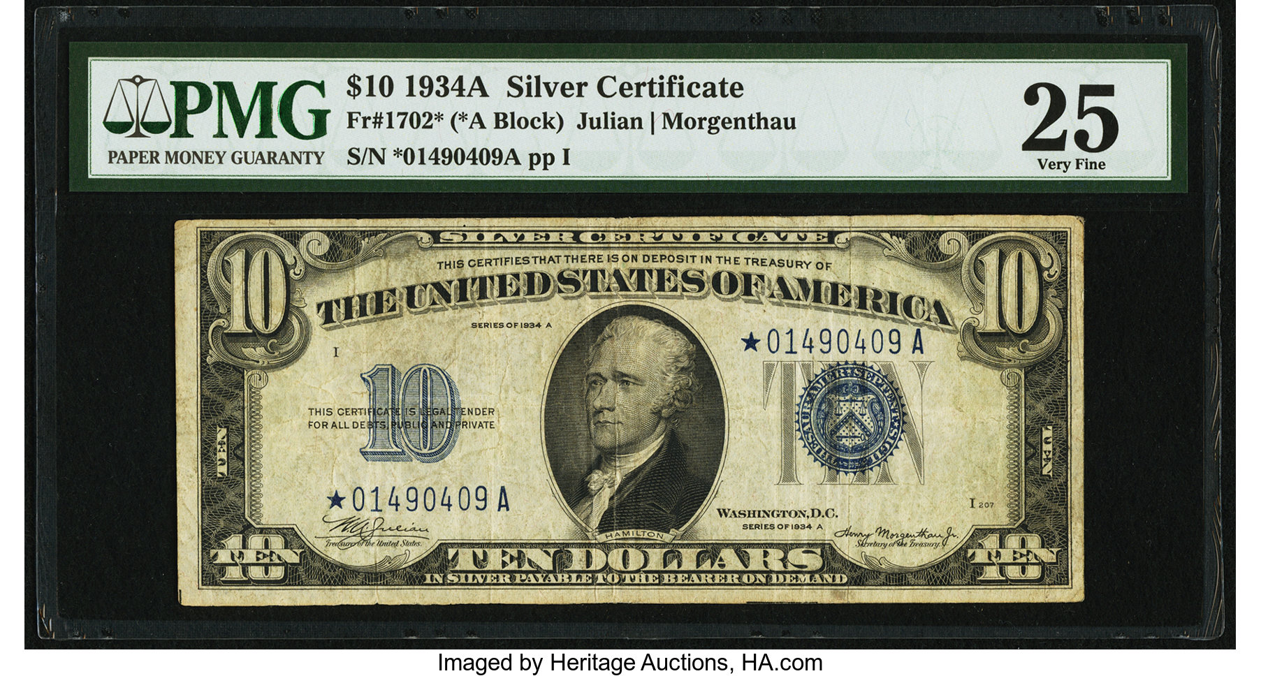 Fr. 1702* $10 1934A Silver Certificate Star. PMG Very Fine 25. ...