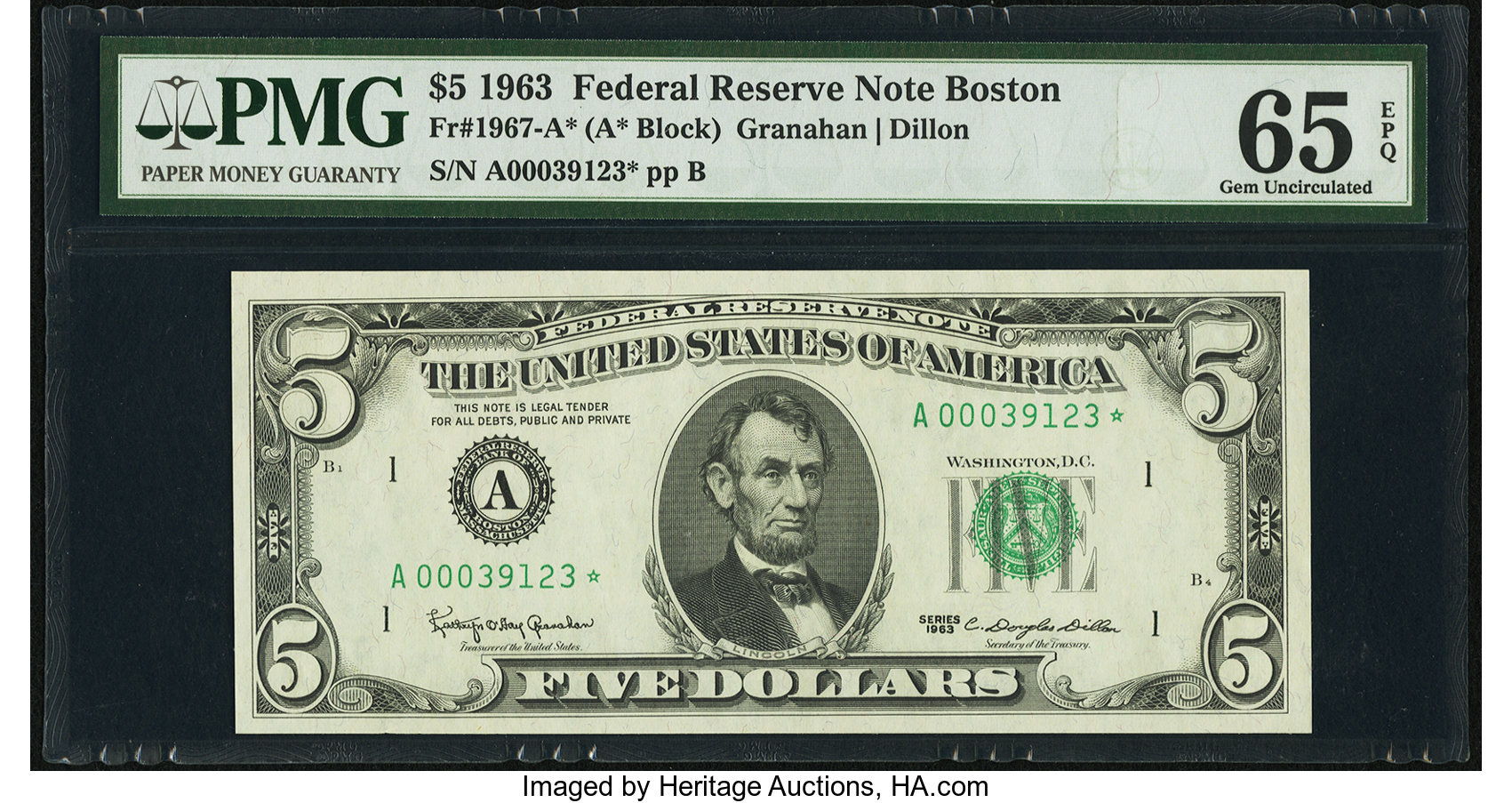 image for: Fr. 1967-A* $5 1963 Federal Reserve Star Note. PMG Gem Uncirculated 65 EPQ....