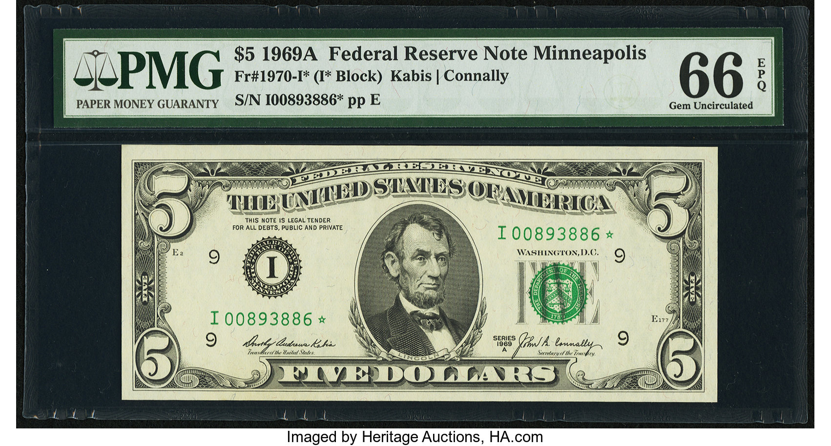 image for: Fr. 1970-I* $5 1969A Federal Reserve Star Note. PMG Gem Uncirculated 66 EPQ....