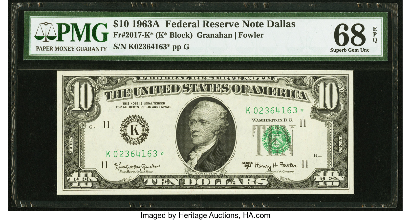 image for: Fr. 2017-K* $10 1963A Federal Reserve Star Note. PMG Superb Gem Unc 68 EPQ....