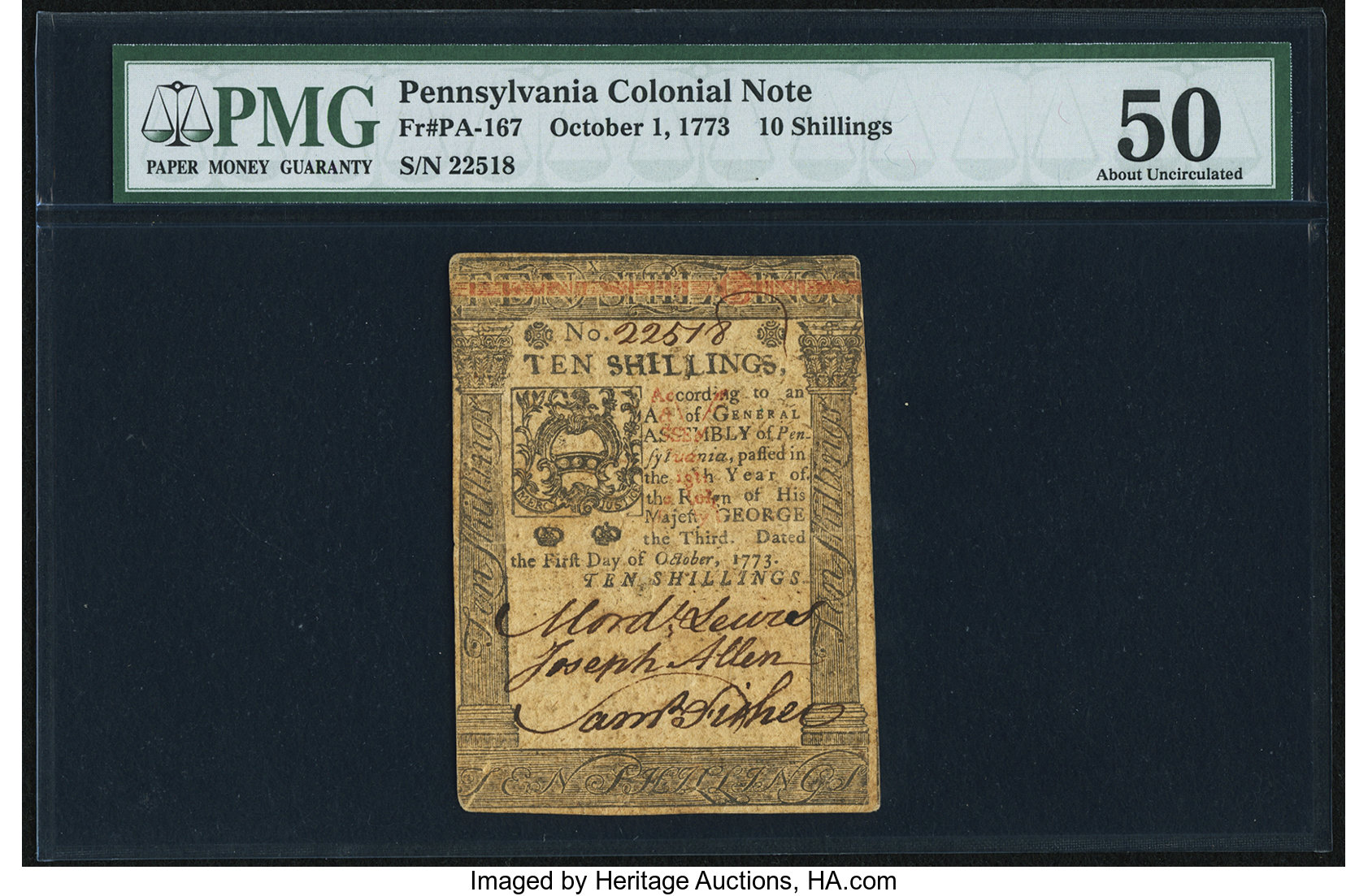 image for: Pennsylvania October 1, 1773 10s PMG About Uncirculated 50....