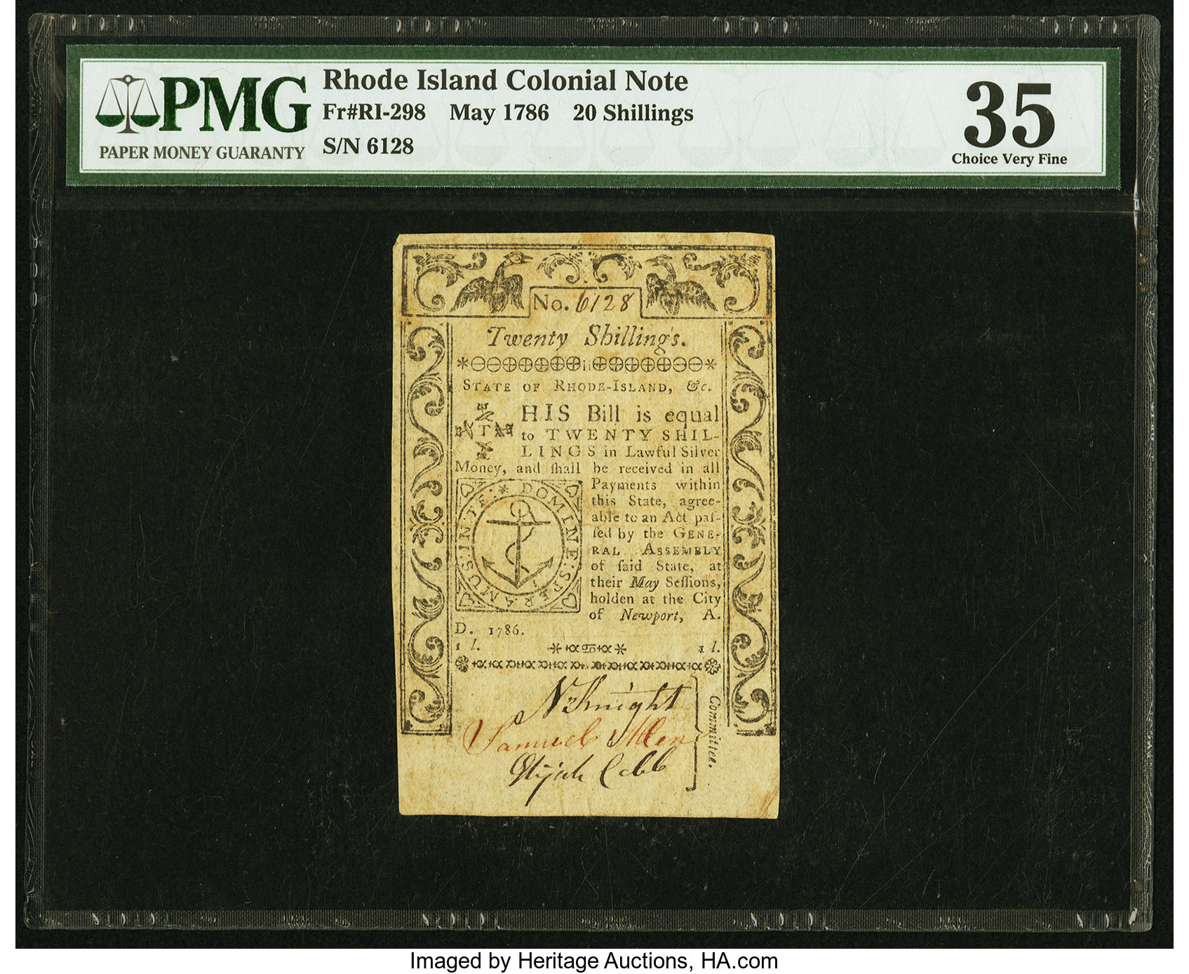 image for: Rhode Island May 1786 20s PMG Choice Very Fine 35....