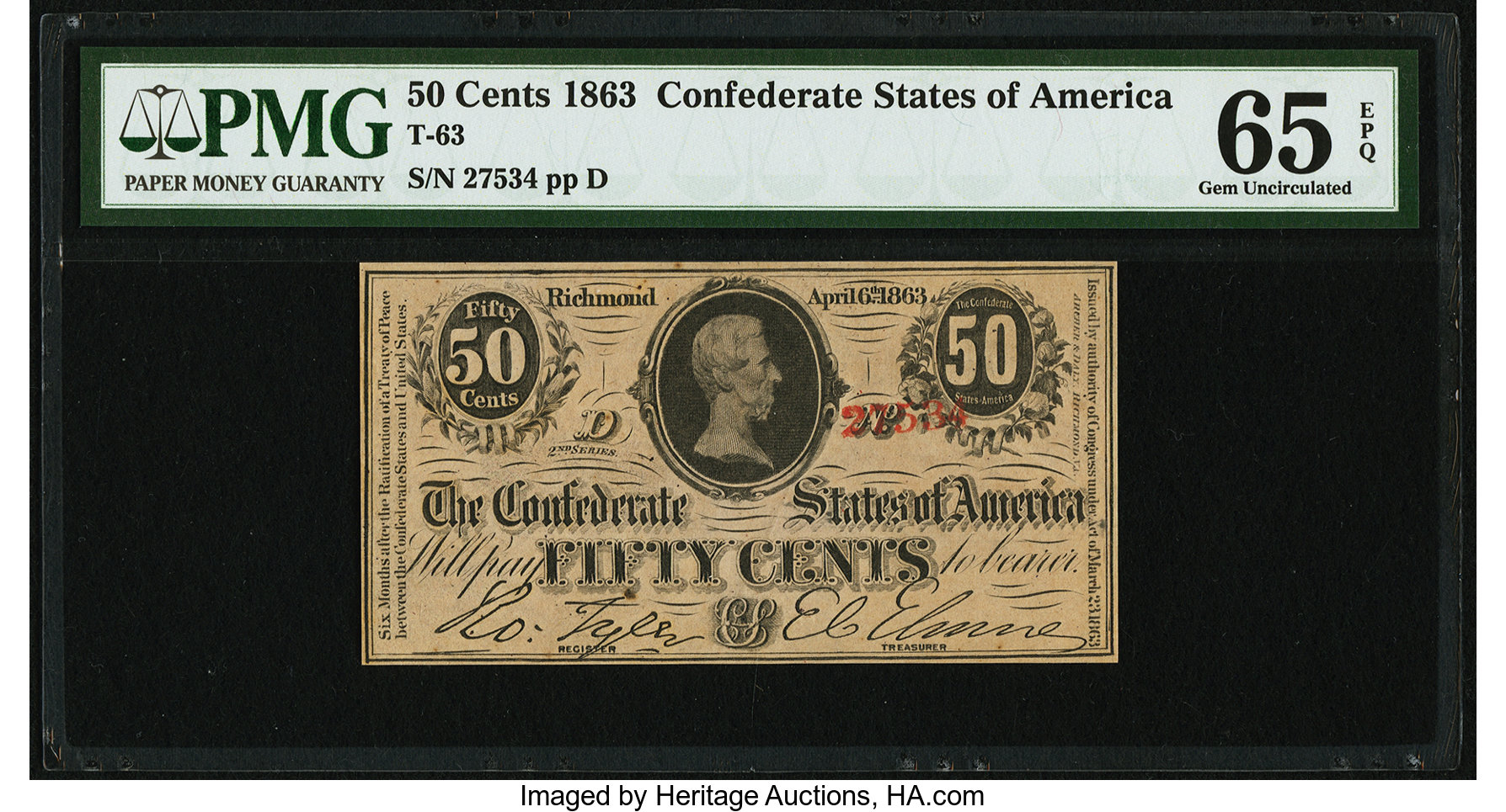 image for: T63 50 Cents 1863 PF-8 Cr. 487 PMG Gem Uncirculated 65 EPQ....