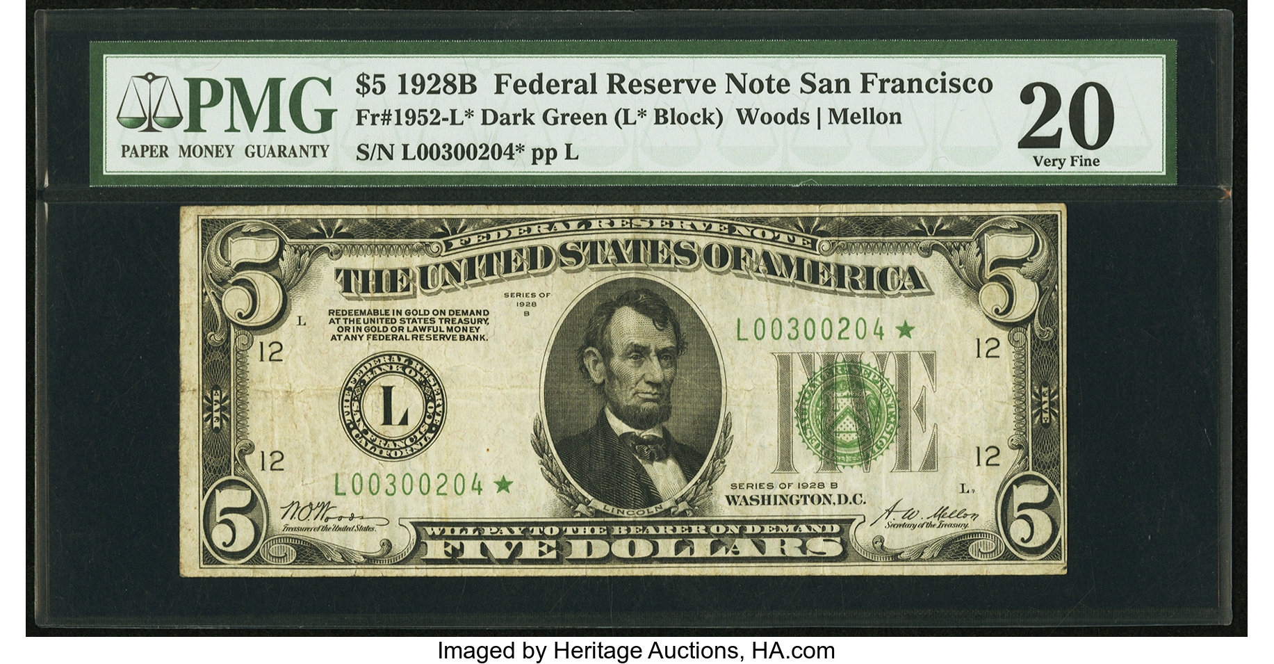 image for: Fr. 1952-L* $5 1928B Dark Green Seal Federal Reserve Star Note. PMG Very Fine 20....