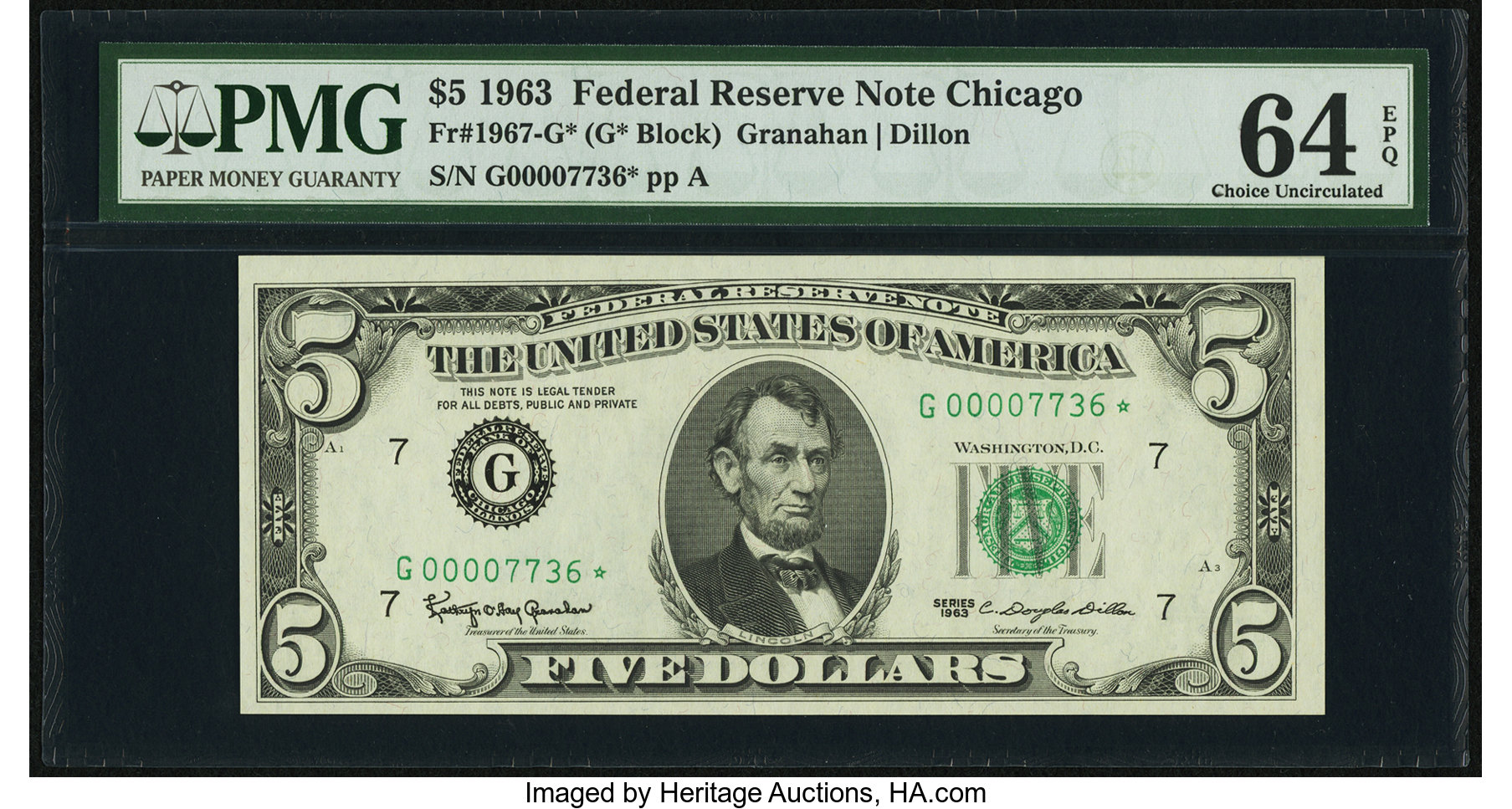 image for: Low Serial Number 7736 Fr. 1967-G* $5 1963 Federal Reserve Star Note. PMG Choice Uncirculated 64 EPQ....