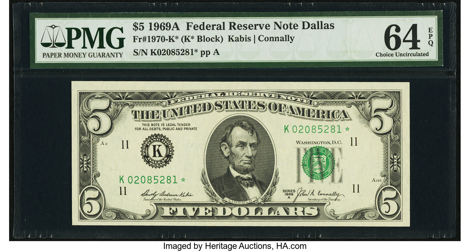image for: Fr. 1970-K* $5 1969A Federal Reserve Star Note. PMG Choice Uncirculated 64 EPQ....
