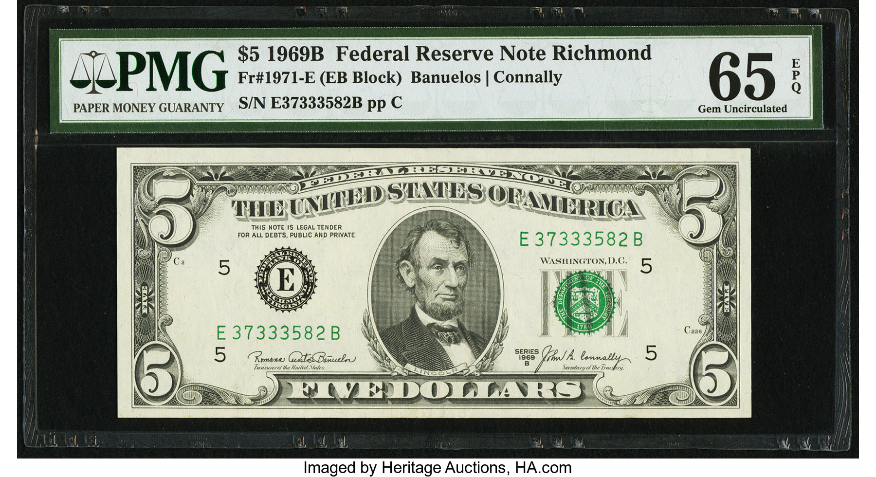 image for: Fr. 1971-E $5 1969B Federal Reserve Note. PMG Gem Uncirculated 65 EPQ....