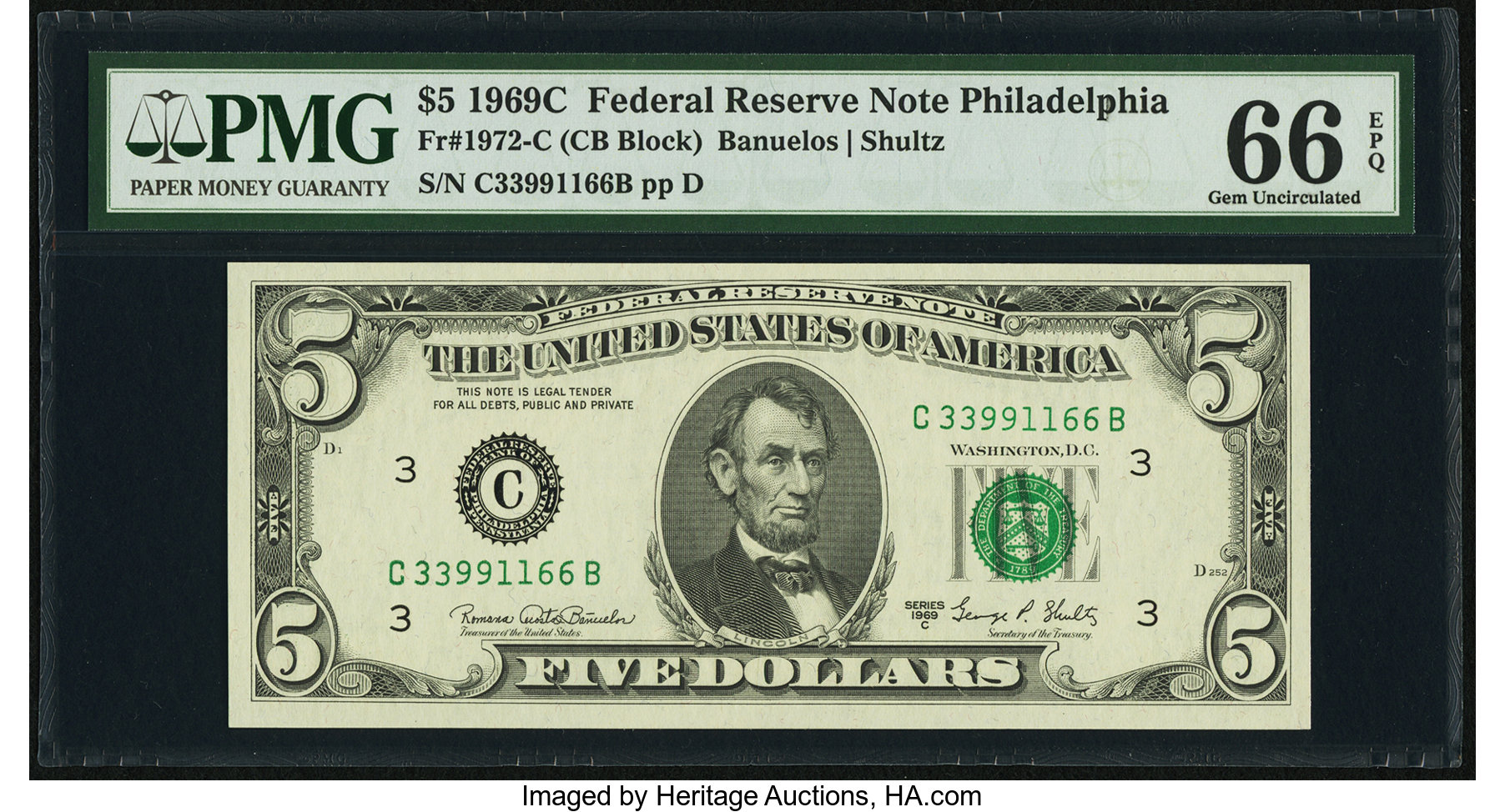 image for: Fr. 1972-C $5 1969C Federal Reserve Note. PMG Gem Uncirculated 66 EPQ....