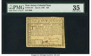 image for: New Jersey June 9, 1780 $20 PMG Choice Very Fine 35....