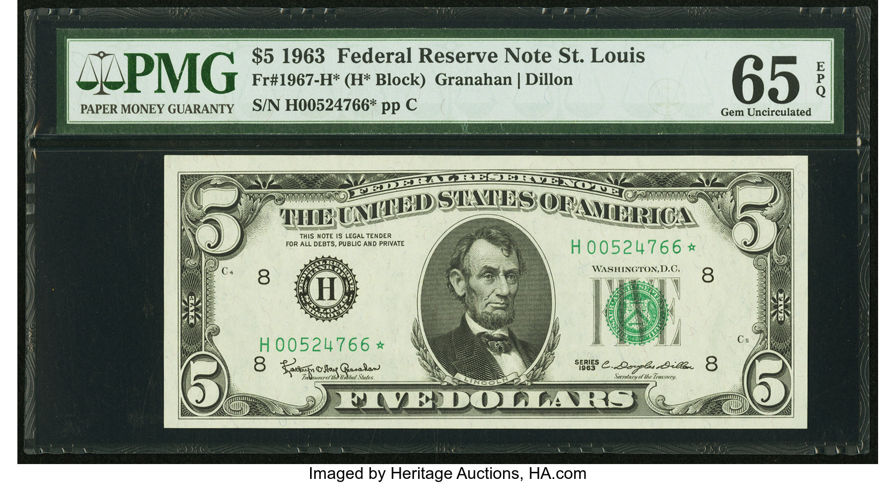 image for: Fr. 1967-H* $5 1963 Federal Reserve Star Note. PMG Gem Uncirculated 65 EPQ....