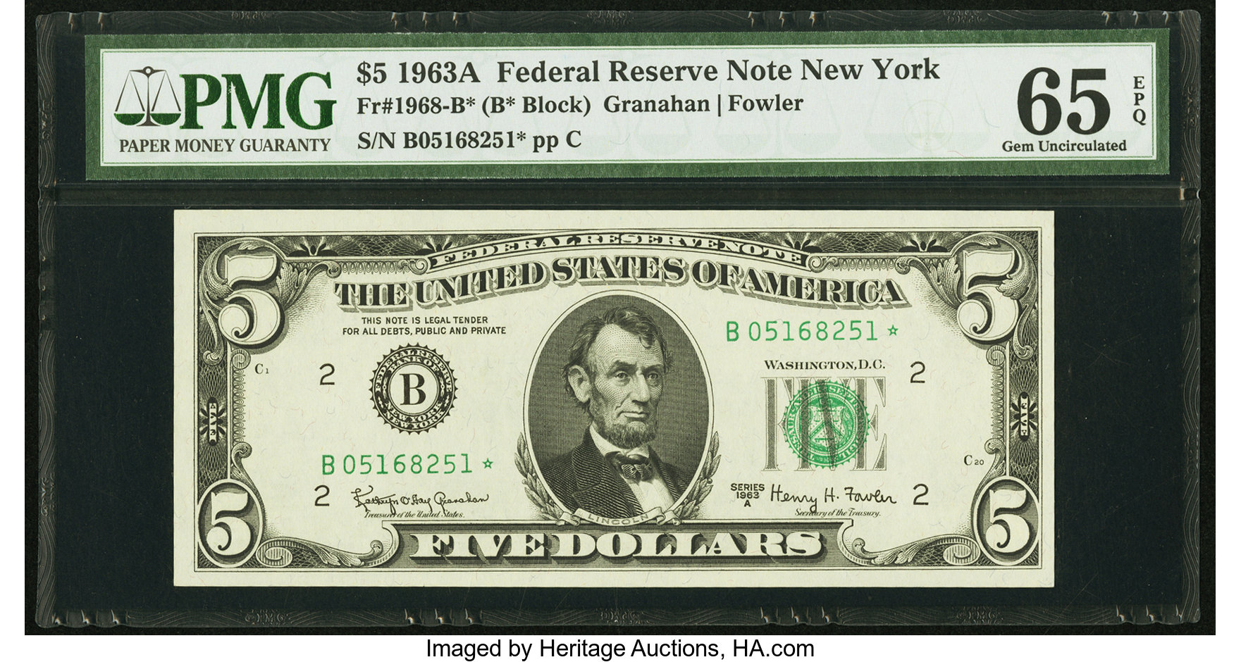 image for: Fr. 1968-B* $5 1963A Federal Reserve Star Note. PMG Gem Uncirculated 65 EPQ....