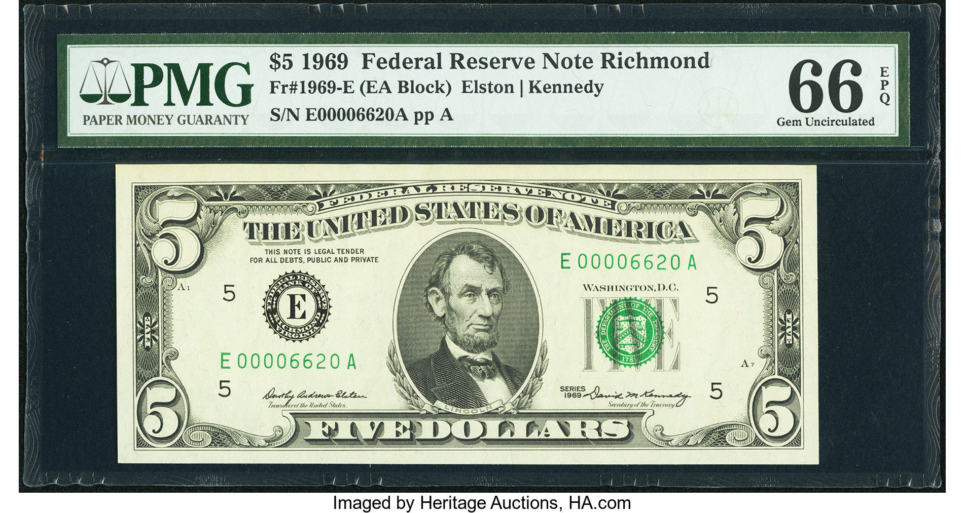 image for: Low Serial Number 6620 Fr. 1969-E $5 1969 Federal Reserve Note. PMG Gem Uncirculated 66 EPQ....