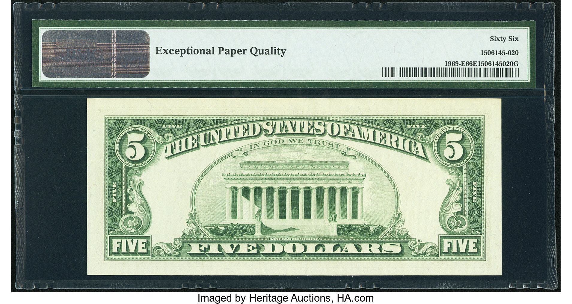 image for: Low Serial Number 6620 Fr. 1969-E $5 1969 Federal Reserve Note. PMG Gem Uncirculated 66 EPQ....