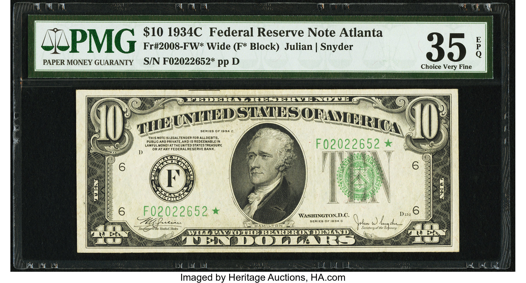 image for: Fr. 2008-F* $10 1934C Wide Federal Reserve Note. PMG Choice Very Fine 35 EPQ....