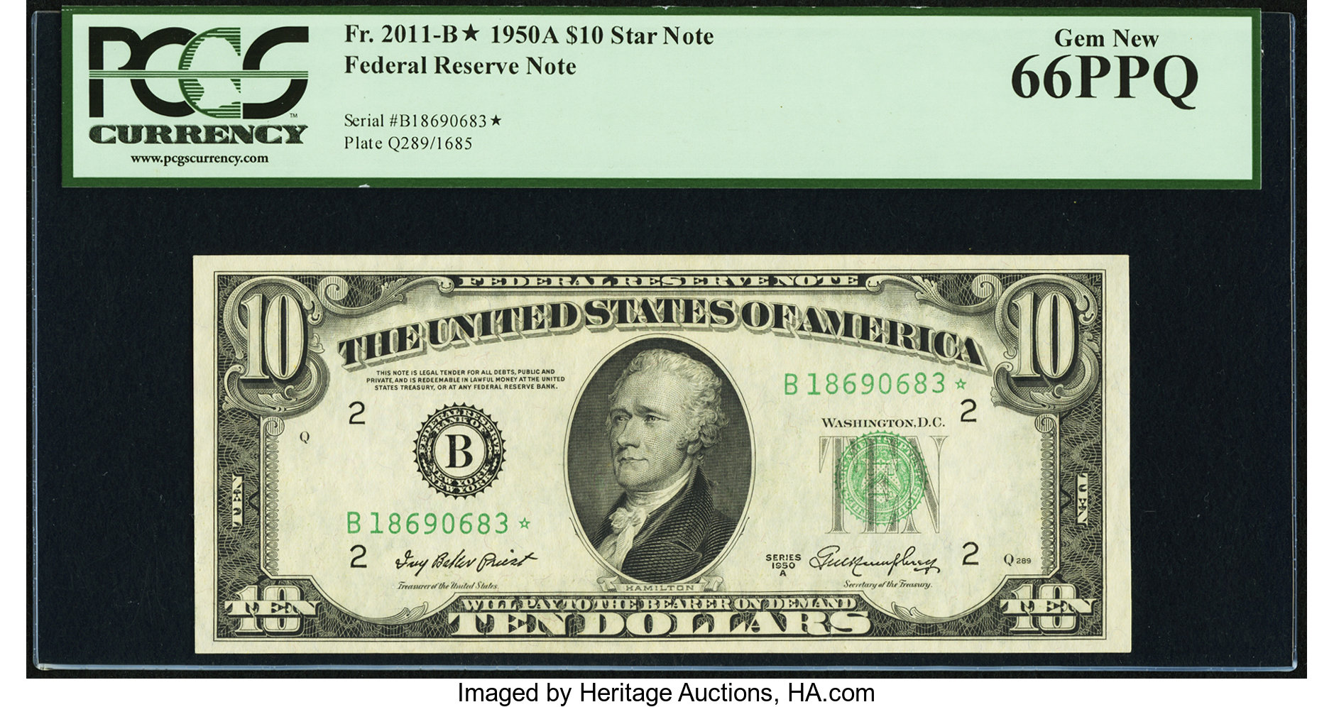 image for: Fr. 2011-B* $10 1950A Federal Reserve Note. PCGS Gem New 66PPQ....